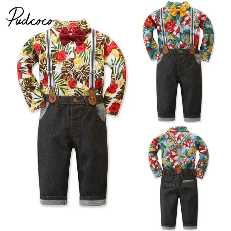 Party Gentleman Costume Newborn Baby Boy Clothes Flower T-shirt Tops + Overalls Suspender Trouser 2PCS Outfit Spring Autumn Suit |