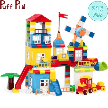 

216pcs DIY Windmill Park Big Size Building Blocks Duploed Train Slide House City DIY Bricks Educational Toys for Children Gift