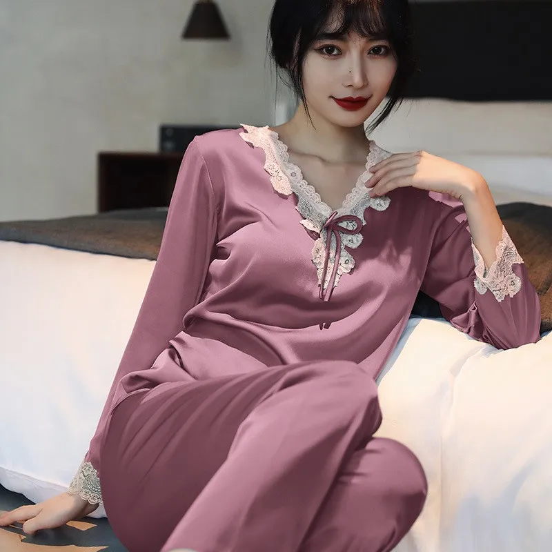 Lace Pj's 2PCS Sleepwear Women Satin Pajamas Suit Summer Pyjamas Casual Intimate Lingerie Long Sleeve Shirt&Pants Lounge Wear