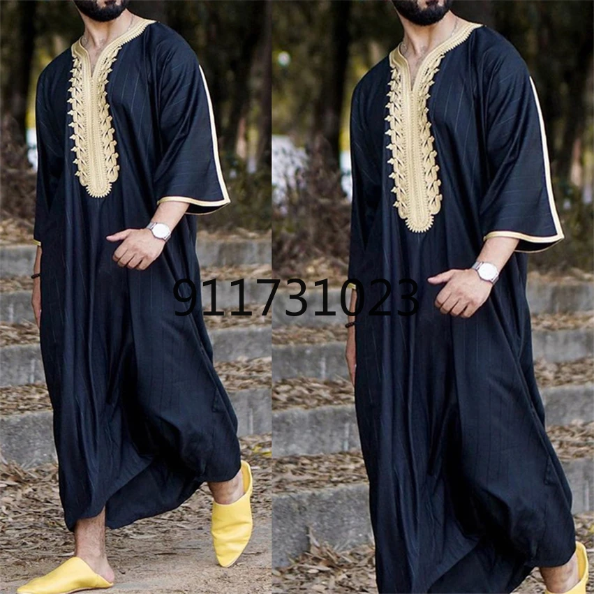Men 2021 Eid Ramadan Abaya Dubai Kaftan Pakistan Spring Autumn Casual Loose Robe Muslim Fashion Vintage Stripe Islamic Clothing |
