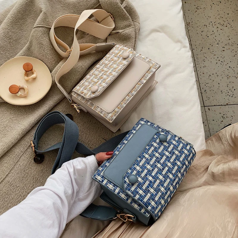 

2019 Elegant women lapel square bag winter fashion new high quality wool womens designer bag contrast color shoulder bag