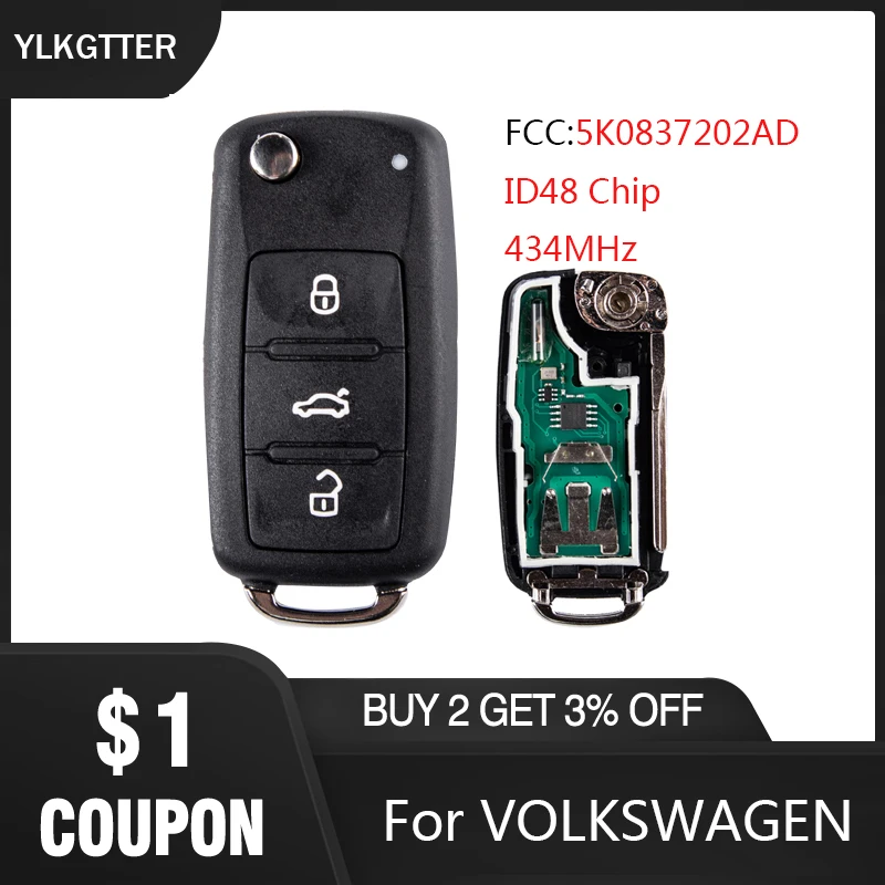 

YLKGTTER 434MHz Remote Key Fit for VW/Volkswagen Caddy Eos Golf Beetle Polo Up Tiguan Touran with ID48 Chip 5K0837202AD
