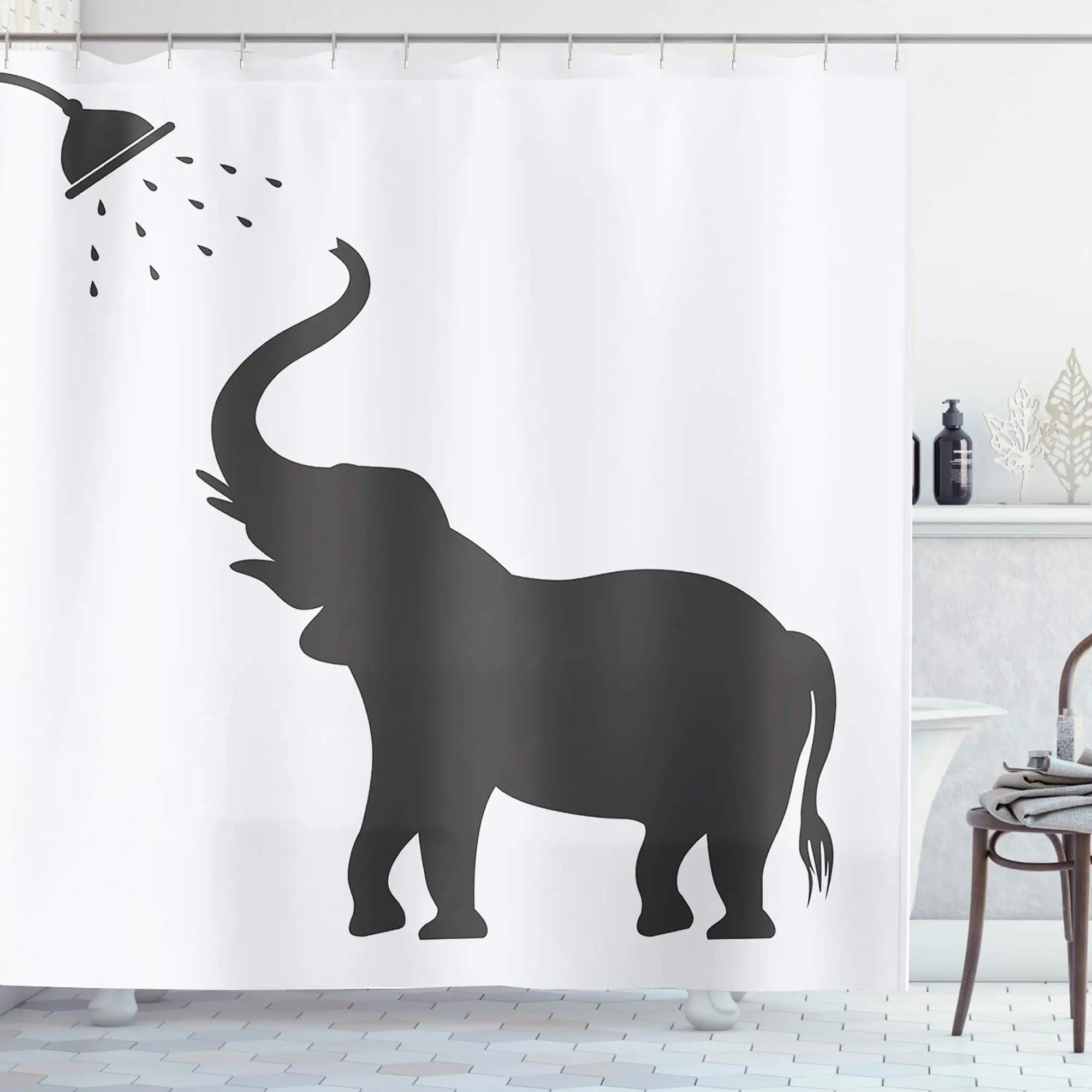 

Animal Elephant Silhouette Shower Curtains Funny ShadowKids Boys Friendly Wildlife Artwork Cloth Fabric Bathroom Decor Set with