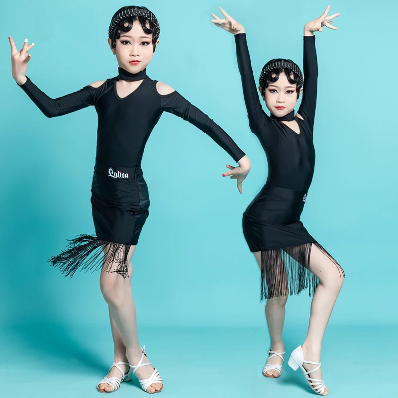 

Black Latin Dance Costumes Off-Shoulder Long Sleeve Shirt Fringe Skirt Samba Rumba Stage Wear Performance Clothing Suit YS1263