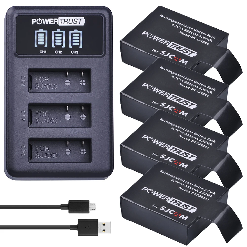 

PowerTrust 4x SJ4000 Battery + LED 3Slots USB Charger For SJCAM sj4000 sj 4000 SJ5000 6000 7000 8000 sj9000 M10 Action Camera