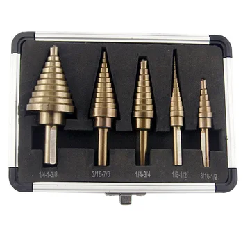

5PCS Titanium Step Drill Bit Set Pagoda Electric Drill Hole Boring Machine Woodworking Drilling Steel Plate Bit with Box Black