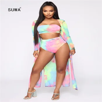 

Colorful tie dye print 3 piece set beach wear swimsuit summer lady bathing suit strapless tops and x-long outerwear and shorts