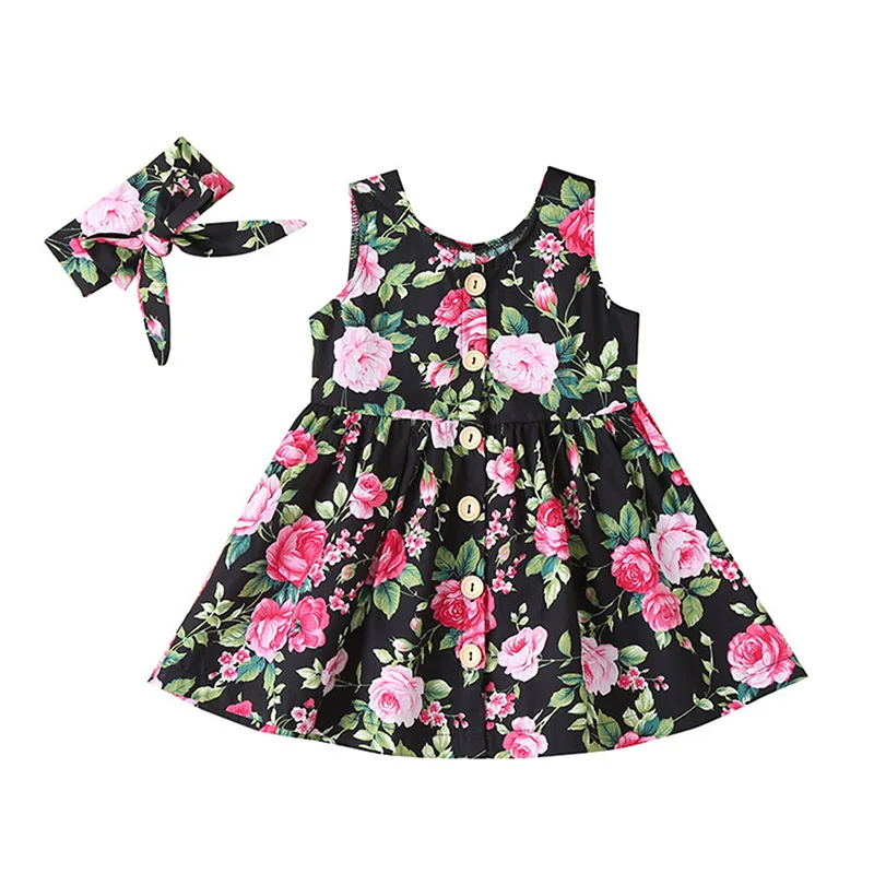 

Summer Toddler Kids Baby Girl Floral Dress Party Dresses Sundress Headband Outfits Summer Sleeveless Flower Casual Clothing