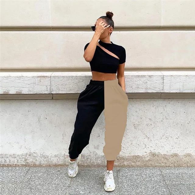 Anbenser Black White Color Block Hip Hop Trousers Women High Waist Jogger Pants Female Korean Gym Sweatpants Streetwear Oversize