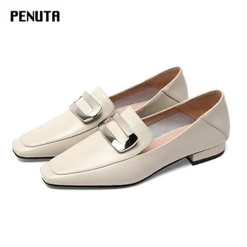 

2020 PENUTA Soft Footwears Women Genuine Leather Loafers Beige Black Metal Decorated Fashion Flats Square Toe Mules Newest F0082