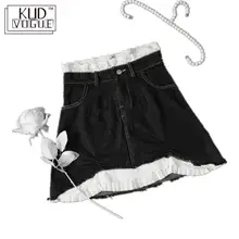 High-waisted Lace Washing Gothic Jeans Skirt Black White Pattern Denim Mini Pencil Skirt Irregular A-line Patchwork Streetwear