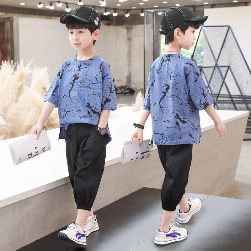 

Summer Boys Clothes Sets Kids Boys Fashion Tracksuit Print T-shirt + Shorts 2 Pieces Teenage Boys Cotton Clothing Set For 4-12 Y
