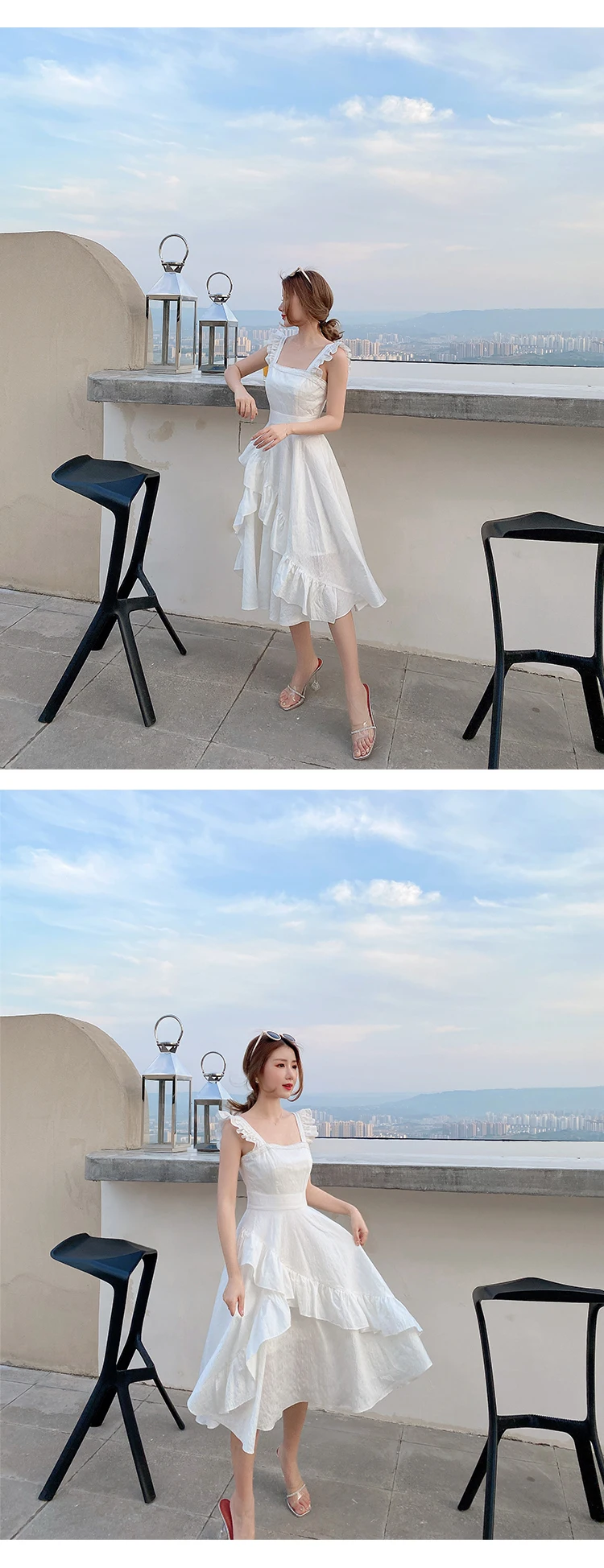 Vestido suspenso com cintura francesa, vestido branco de algodão 2020 para verão