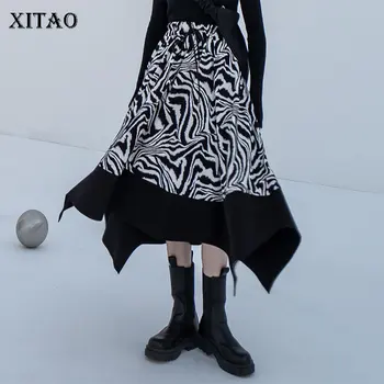 

XITAO Irregular Skirt Print Patchwork Drawstring Winter Pleated Elastic Waist Small Fresh Casual Style Minority Skirt ZY2598