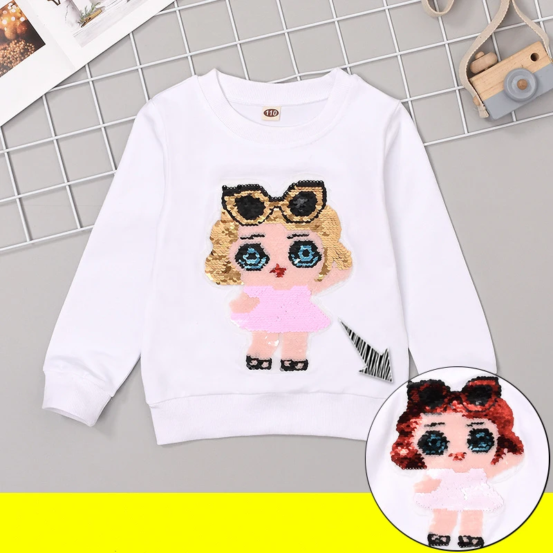 Cartoon Sequins Cat Sweatshirt Kids Girls Spring Children Cotton Long Sleeve Tshirts Fashion Cute Tops Toddler Clothes New - Цвет: Girl white