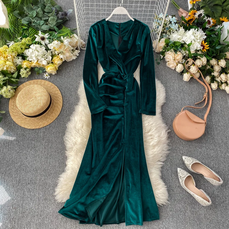 dark green HISUMA, весна-осень, новое женское бархатное платье-футляр с v-образным вырезом и длинным рукавом, женское однотонное элегантное платье феи - Цвет: dark green