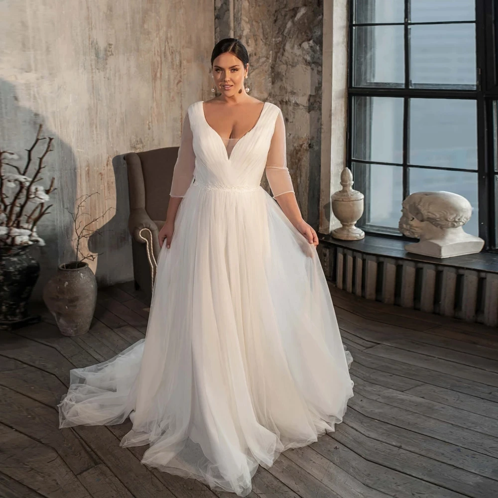 

Elegant Simple Wedding Dresses Plus Size Women V Neck Long Sleeves Pleats Bridal Gown with Appliqued Sashes Wedding Dress