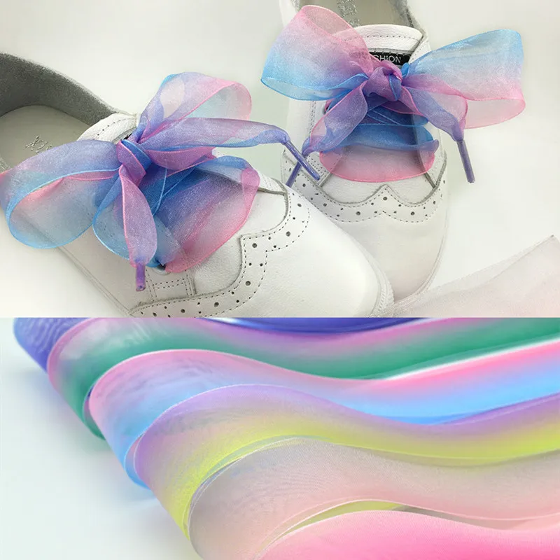 4 cm verbreiterte Organza-Schnürsenkel mit Farbverlauf, Chiffen-Garn, Schleife, breite Schnürsenkel, Trend, Schönheit, Weiß, lässige Sneaker-Schuhe, Schnürsenkel, Dropship – Detail 2