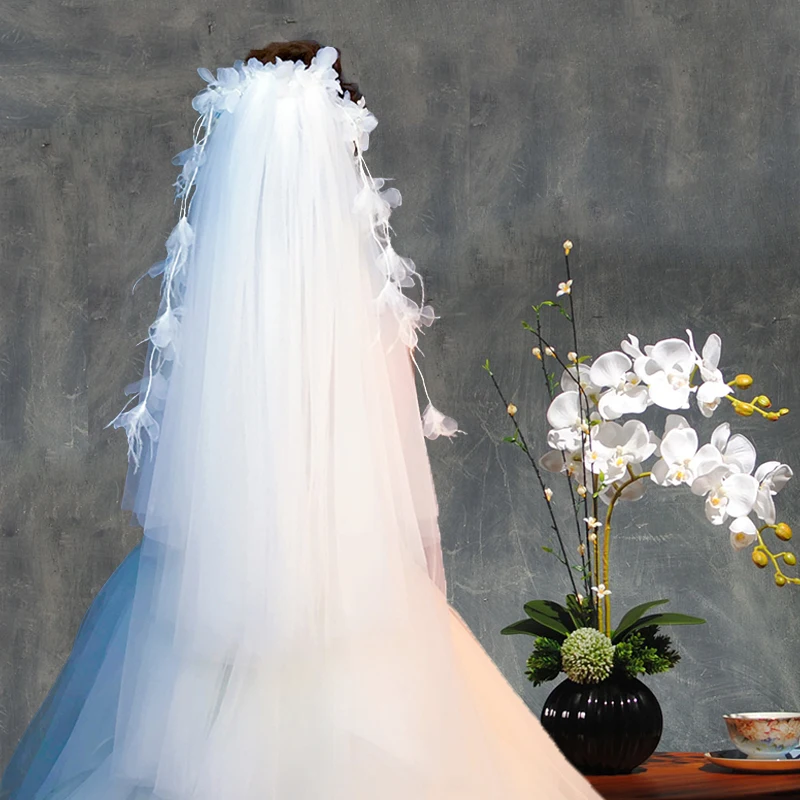 Уникальные свадебные аксессуары 2019 года, однослойная Фата до локтя для невесты с цветами ручной работы, жемчугом, Свадебные вуали, головные