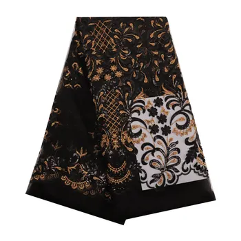 

Hot selling black with gold 3d tulle french lace fabric Nigerian sequins Laces Fabric NAK078 5YDS for wedding