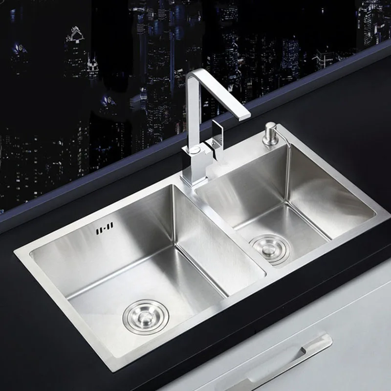 SUS304 Stainless Steel Kitchen Sink Handmade Brushed Topmount Double ...