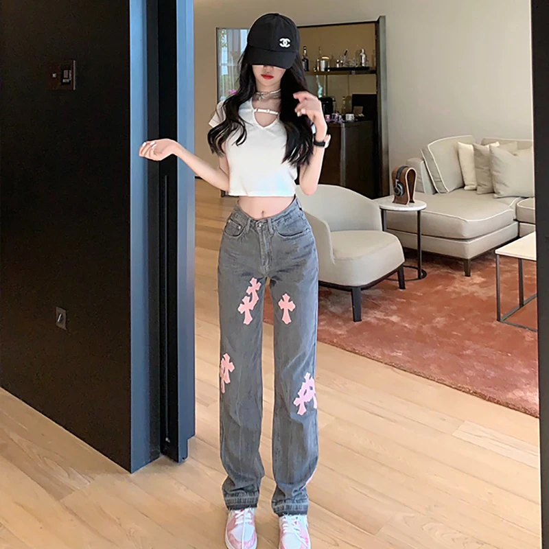 New Leather Pink Cross Jeans For Men/women 2021 Y2k High Street Jeans  Straight Stacked Pants Denim Moto Trousers Mujer - Jeans - AliExpress