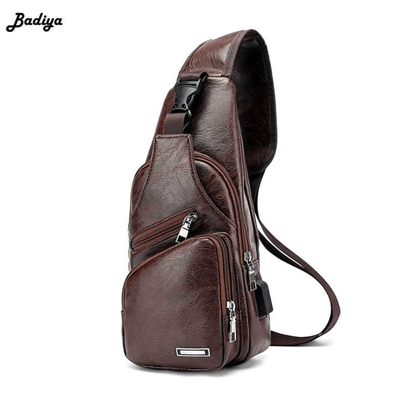 

Vintage Men Chest Pack PU Leather Multifunction Outdoor Sports Travel USB Charging Crossbody Bag Casual Business Shoulder Bag