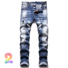 Pantalones vaqueros DSQ de alta calidad para hombre, pantalón vaquero con agujeros dañados que combina con todo, Splash Ink