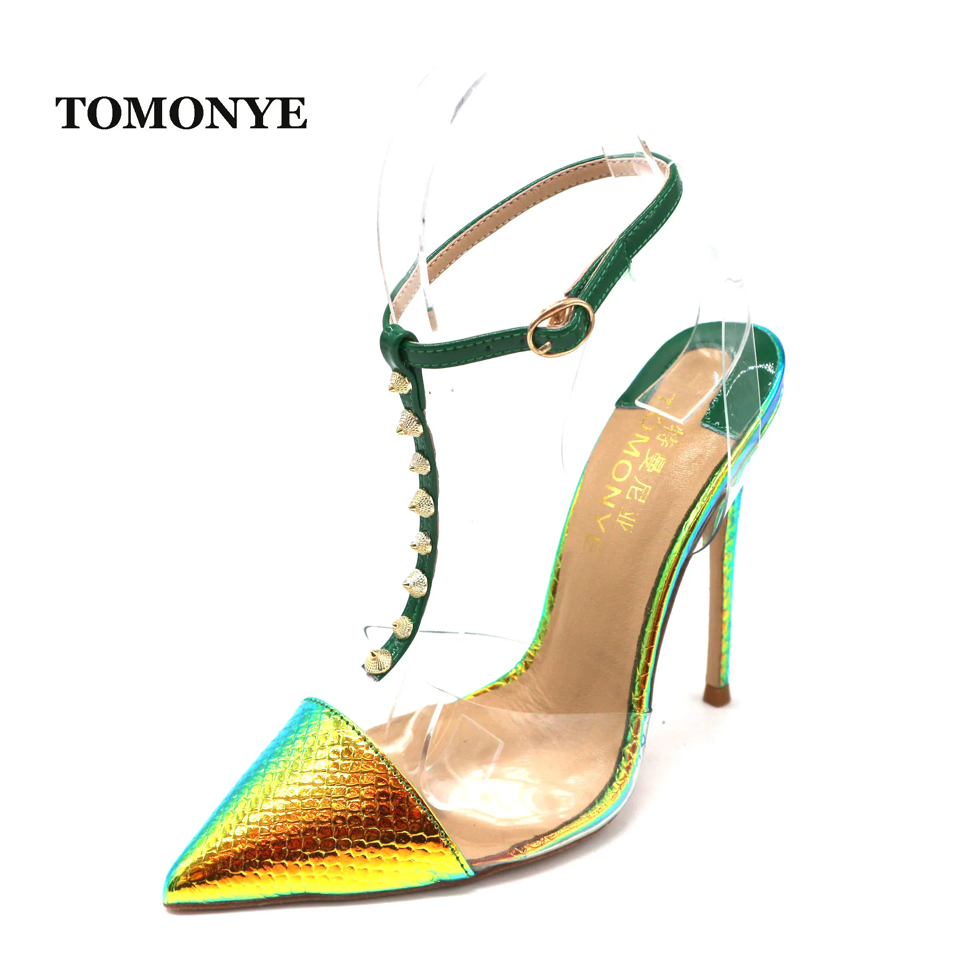 

TOMONYE yellow green snake python T strap with spike ankle strap women lady female summer clear shoes 120mm sexy sandal on sale