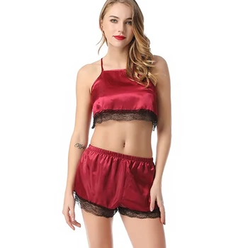 

Women's Sleepwear Sexy Satin Set Red Lace V-Neck Pyjamas Sleeveless Cute Cami Top and Shorts pijama mujer algodon veran