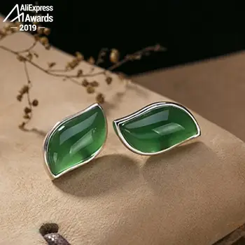 

S925 Jewelry Stud Earrings Emerald Earrings Leaf Unique Women Handmade Vintage Natural emerald moldavite peridot Jade