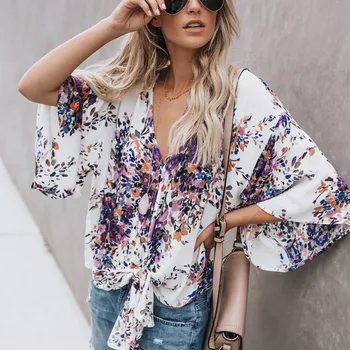 

Europe And The United States Loose Digital Chiffon Tops Long Flare Sleeve Chiffon Deep V Neck Print Strappy Women's Blouse