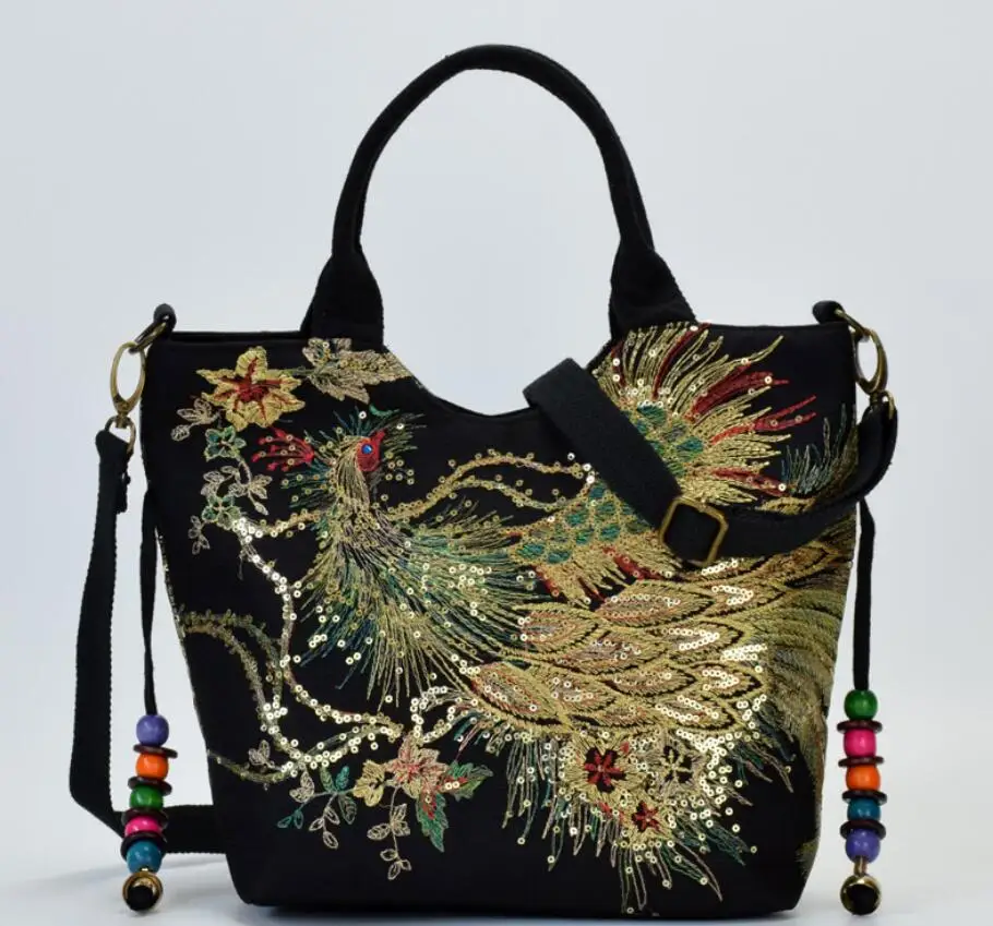 

Shiny Sequins Peacock Embroidered Women Canvas Totes Bag, Summer Shopping Shoulder Bag Vintage Beaded String Handbag