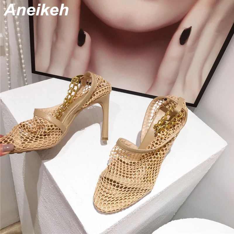 

Aneikeh Sexy Mesh High Heels Pumps Summer Point Toe Women Shoes Solid Fashion Metal Chain Slip-On Thin Heel Female Sandals Pumps