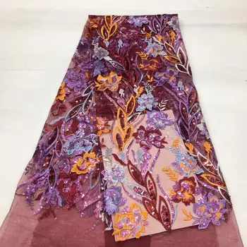

(5yards/pc) high quality wine color African tulle lace fantastic embroidered French lace fabric with sequins for party FSS210
