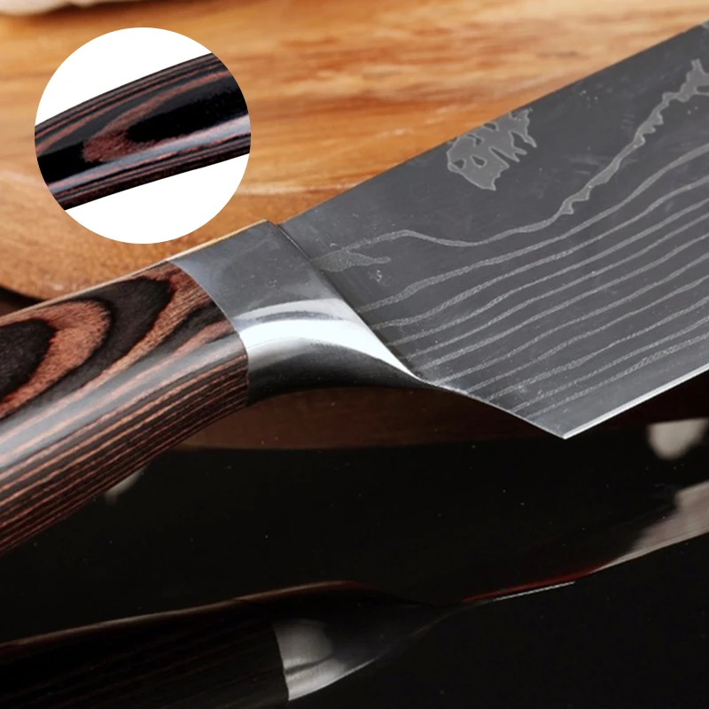 XYJ кухонные ножи шеф-повара, набор из высокоуглеродистой нержавеющей стали, дамасский лазерный узор, инструменты, острый нож santoku, нож для нарезки