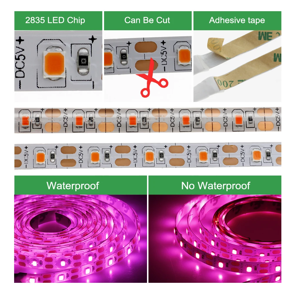 Bande lumineuse de croissance LED USB, 0.5m/1m/2m/3m, SMD 2835, 5v dc, éclairage à spectre complet pour culture de plantes, fleurs et serres