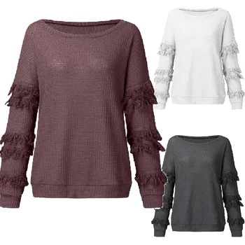 

Women Blouse New Sexy Round Neck Tassel Long Sleeve Solid Color Loose Pullover Spring Summer Fashion Casual Elegant Tops