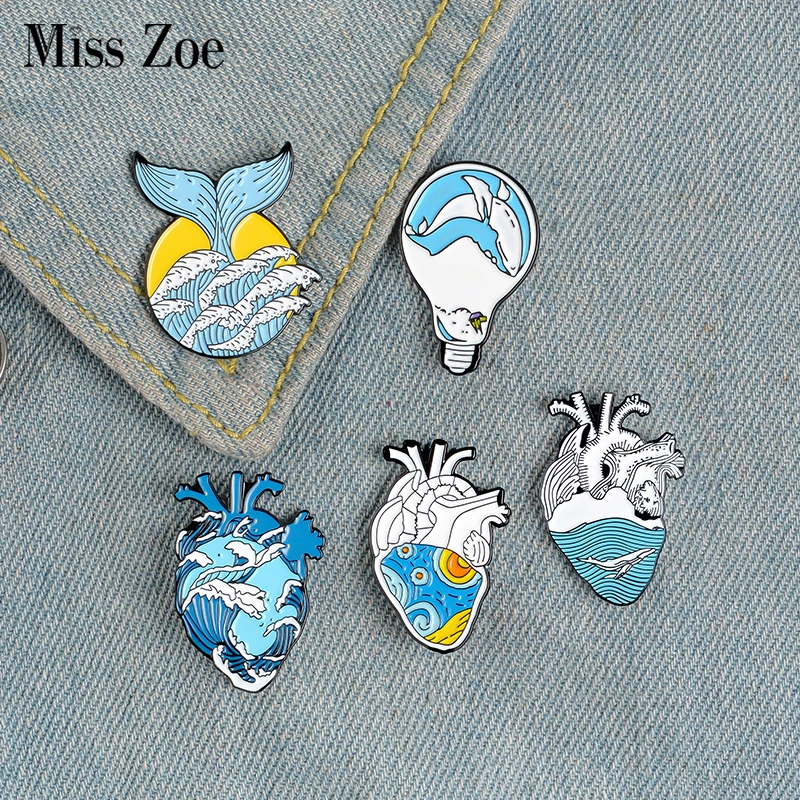 

Freedom Heart Enamel Pin Custom Organ Heart Brooches Bag Clothes Lapel Pin Ocean Wave Badge Whale Jewelry Gift for Kids Friend