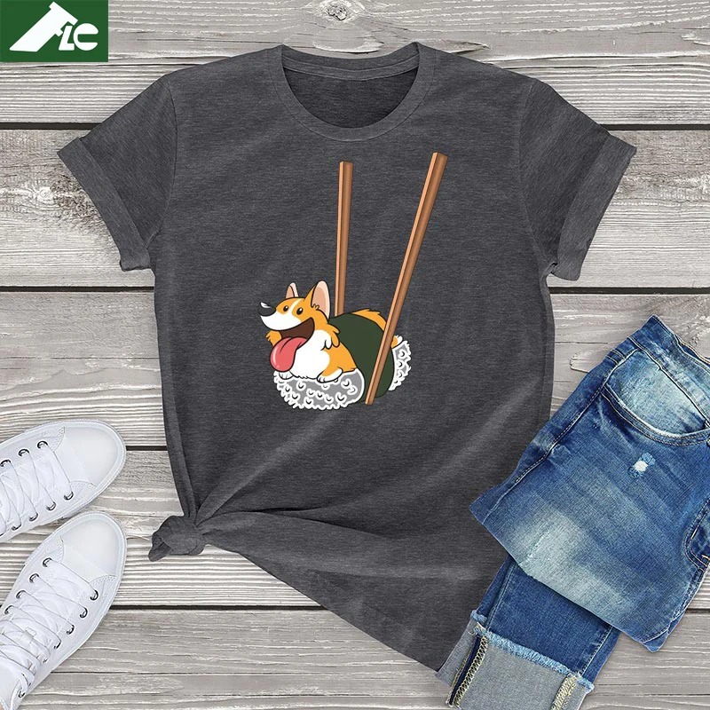 

100% Cotton Graphic Women Tee Corgi Sushi Funny Cute Doge Akita Dog Lover Owner Gift TShirt Unisex Oversized Female T Shirt