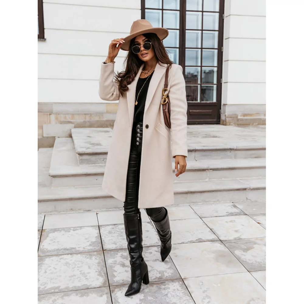

Women's Classic Fashion Solid Color Lapel Mid Length Button Woolen 2020 Women's Autumn And Winter Office Wear Temperament Coat