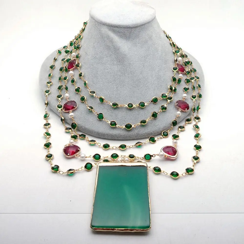 YYGEM Green Agate Pendant 5 Strands 18'' White Pearl Green red Crystal Chain Necklace handmade vintage party style pendant necklace