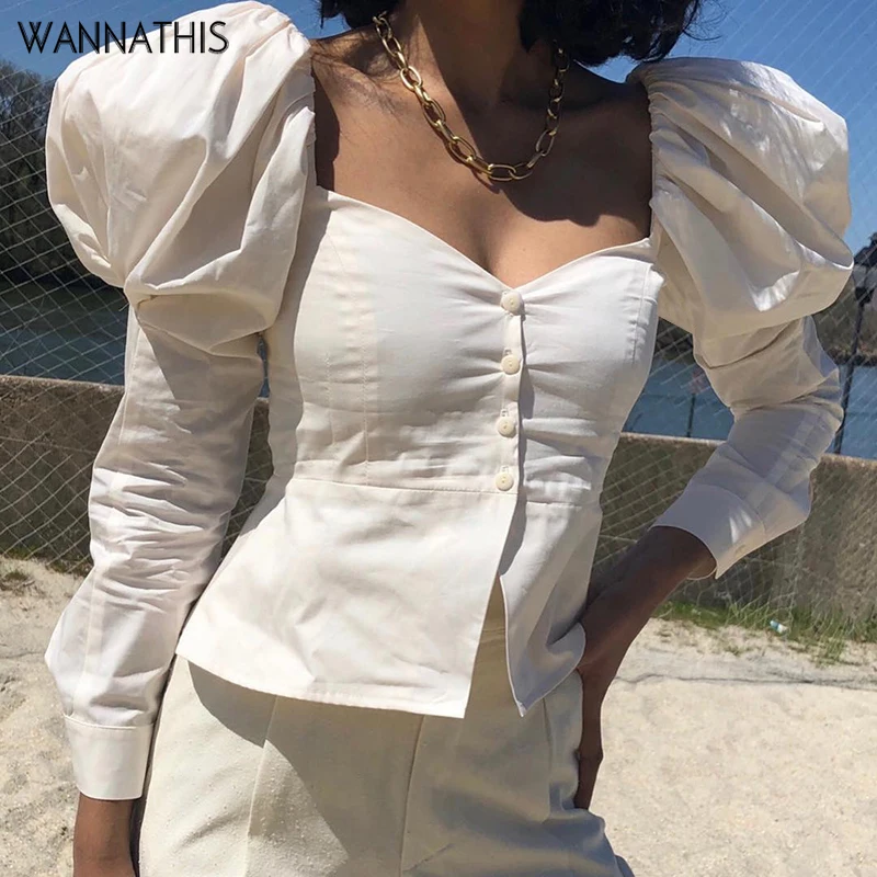 

Wannathis Puff Sleeve Blouse Women Tops Front Button Long Sleeve Square Collar Autumn White Slim Elegant Women Cropped Slit Hem