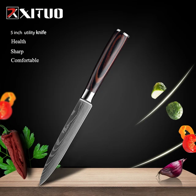 XITUO Chef knife 1-10 Pcs Set Kitchen Knives Laser Damascus Pattern Sharp Japanese Santoku Knife Cleaver Slicing Utility Knife 5 in utility