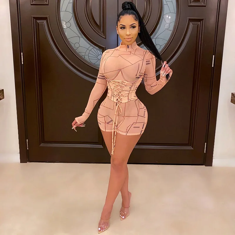 

Fashion Sexy Letter Mesh See Through Drawstring Bandage Playsuit Women High Street Long Sleeve Turtleneck Slim Elastic Romper