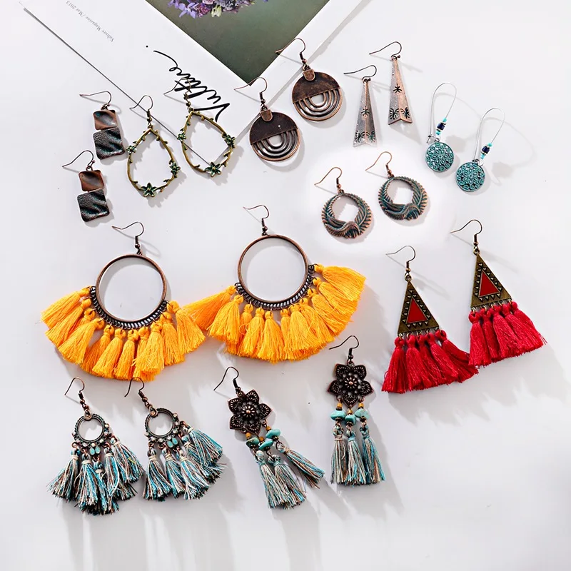 

10 Pairs/Lot Vintage Drop Earrings Set Mixed For Women Summer Bohemian Green Tassel Statement Dangle Earrings