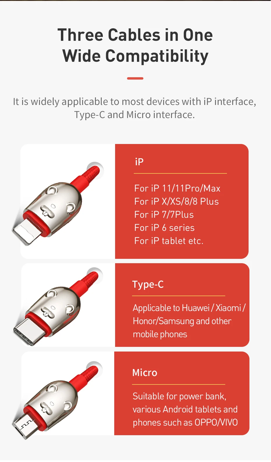 Usb-кабель Baseus 3 в 1 type C для iPhone XR XS Max, зарядный кабель USB type C для samsung S10 S9 huawei, светодиодный кабель Micro usb
