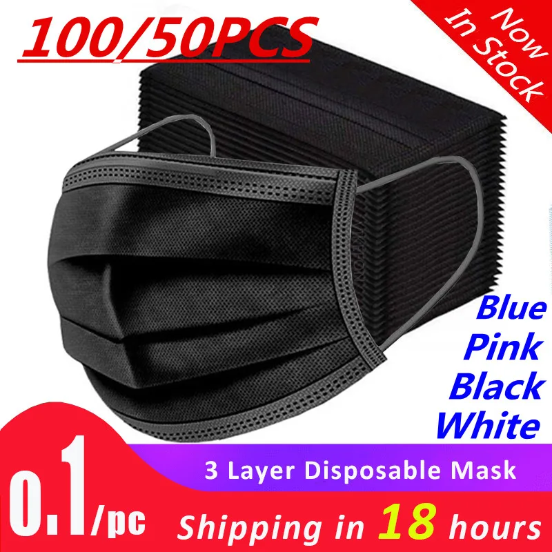 Mascarilla desechable no tejida de 3 capas, máscara filtro facial, transpirable, color negro, 100 Uds./50 Uds., envío rápido