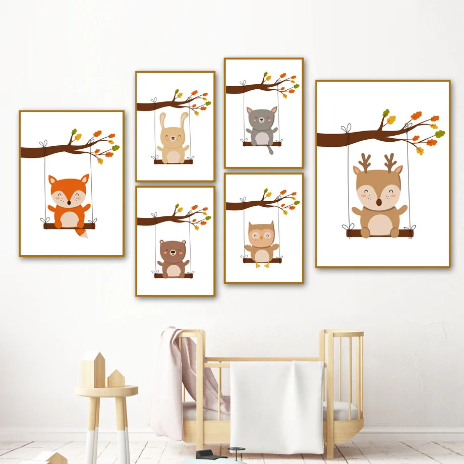 Swing Deer Cat Bear Owl Rabbit Fox Nursery Wall Art Canvas Painting Nordic Posters And Prints Wall Pictures Baby Kids Room Decor
