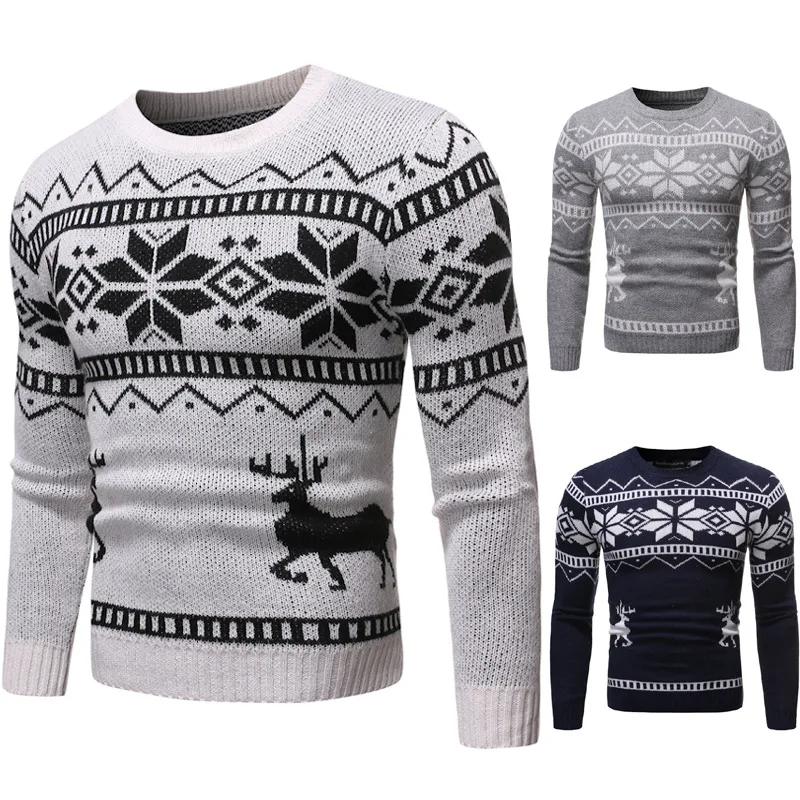 

Autumn And Winter MEN'S round Neckline Sweater Christmas Deer Snowflake Youth Men Base Knitted Long Sleeve